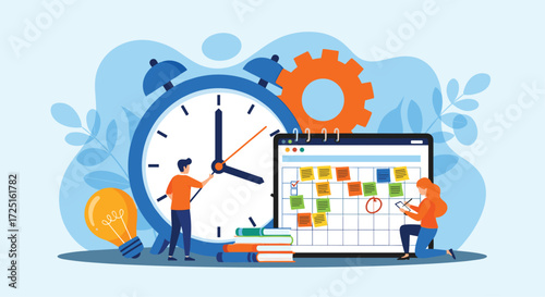 Time management and productivity concept with tiny people working on a schedule display vector