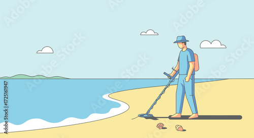Curious explorer searches sandy beach shoreline for hidden treasures with metal detector under vast blue sky