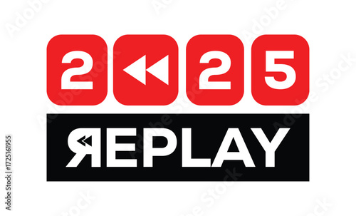 Minimalist 2025 logo design with bold black numerals above a red bar. White text "REPLAY" with rewind and play symbols inside. Clean, modern, flat graphic style on white background.	
