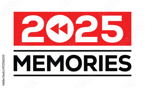 Minimalist 2025 logo design with bold black numerals above a red bar. White text "memories" with rewind and play symbols inside. Clean, modern, flat graphic style on white background.	