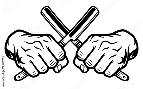 Two hands holding crossed straight razors, barber, shaving, grooming, vintage, sharp
