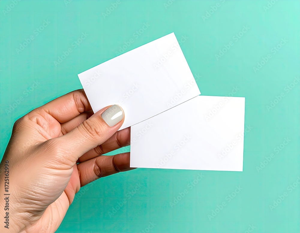 Obraz premium Hand holds two blank business cards against teal