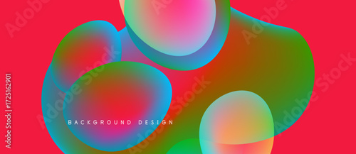Abstract colorful shapes overlap, creating vibrant fluid design. Red background enhances visual impact, modern aesthetic.