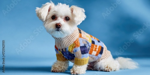 Small dog dressed in a colorful sweater poses against a light blue background during a studio photoshoot