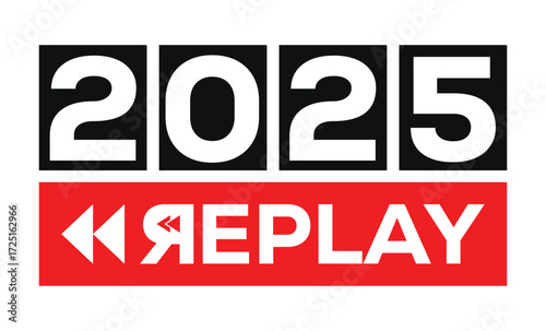 Minimalist 2025 logo design with bold black numerals above a red bar. White text "REPLAY" with rewind and play symbols inside. Clean, modern, flat graphic style on white background.	