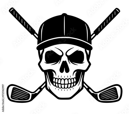 Golfing skull with crossed golf clubs and a cap, golf, skull, sport, cap, clubs