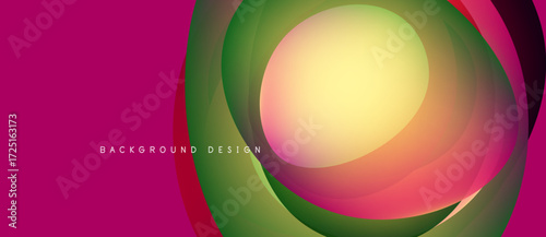 Abstract colorful layers create dynamic circular design. Pink, green, yellow hues blend smoothly, forming modern backdrop.