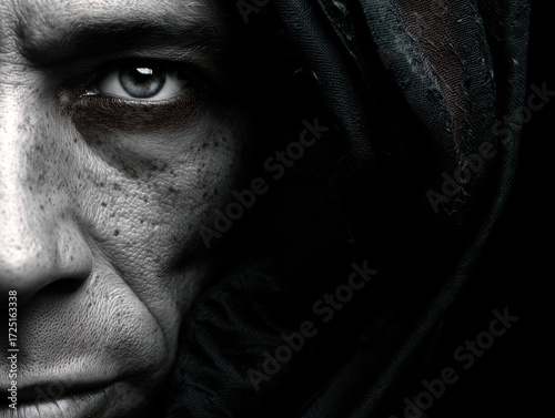 Moody close-up portrait of a mysterious person partially hidden in shadows, featuring intense emotion, dramatic lighting, and gritty texture. Perfect for cinematic, artistic, and conceptual projects.