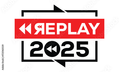 Minimalist 2025 logo design with bold black numerals above a red bar. White text "REPLAY" with rewind and play symbols inside. Clean, modern, flat graphic style on white background.	