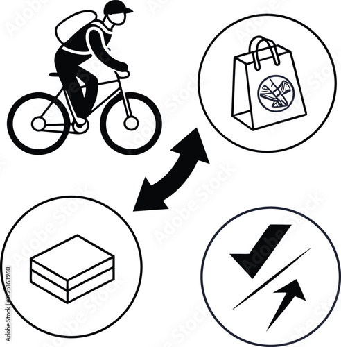 Minimalist food delivery icons set with bicycle courier