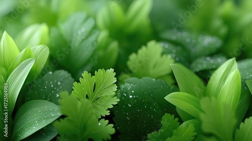 Lush Greenery Close Up Displaying Fresh Vibrant Leaves with Water Droplets Nature Background