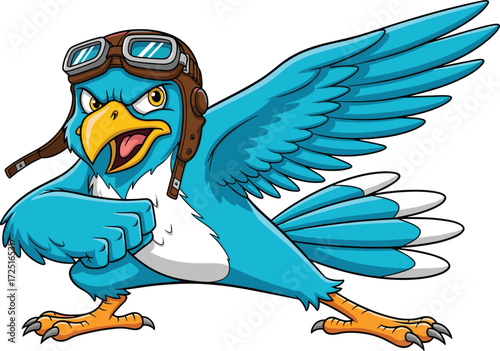 Cartoon blue bird, aviator goggles, fierce flying character, action pose, heroic bird mascot, vector animal, expressive wings, pilot bird designCartoon blue bird, aviator goggles, fierce flying 