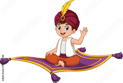 Cartoon boy on flying carpet, fantasy character illustration, Middle Eastern costume, smiling child vector, magic adventure, isolated white background