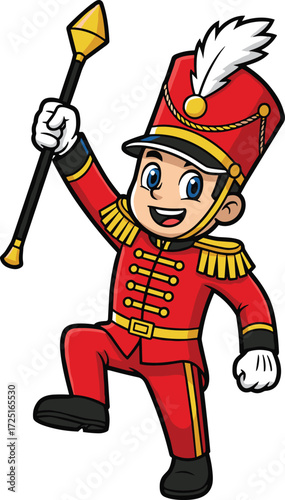 Cartoon drum major character, marching band leader illustration, red uniform pose, parade baton artwork, ceremonial vector design, isolated white background