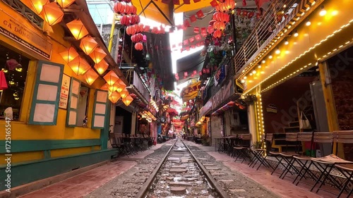 Hanoi Train Street decorated with colorful lanterns and lights, with railway tracks running through lively cafes on both sides in the morning..