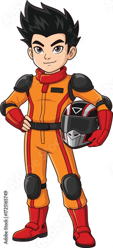Cartoon racing driver character, confident pilot illustration, holding helmet pose, orange suit vector, motorsport artwork, isolated white background, fun design