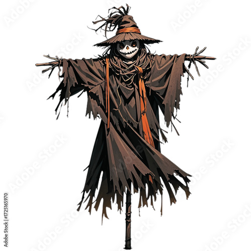 vector illustration of a scarecrow with a scary halloween pumpkin head