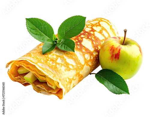 Golden crepe filled with sliced apples, garnished with fresh leaves