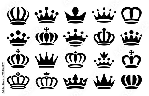 Collection of Black Silhouette Crown Icons on White Background