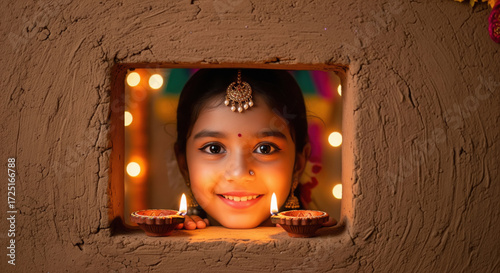 A young Indian girl sits in a carved alcove surrounded by lit diyas and festive bokeh