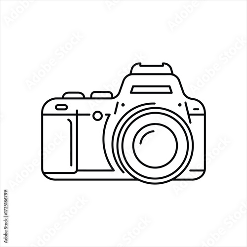 Sleek camera outline for photography brand identity, minimalist design for creative studio or modern travel blog, clean vector icon for photo app