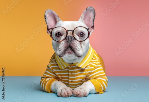 French Bulldog wearing glasses and a striped shirt poses on a colorful background