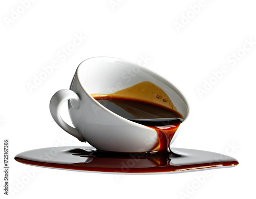Tilted coffee cup, espresso overflowing