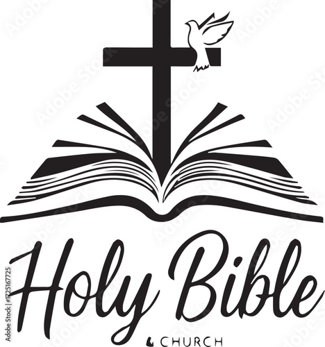 Open Bible with cross, dove, and elegant script in black-and-white Christian illustration for spiritual themes