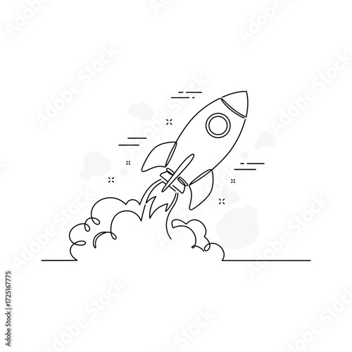 Modern line art illustration of a rocket launching into space, symbolizing innovation, progress, and new beginnings for business ventures and exploration