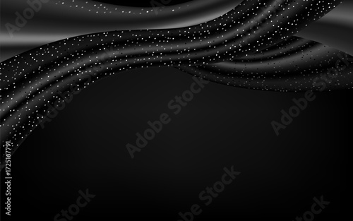Black background with textile wave and glitter and copy space. Vector horizontal banner with dark decoration elements.