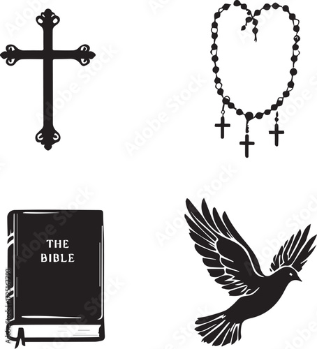 Christian symbol grid with cross, rosary, Bible, and dove in black-and-white spiritual illustration