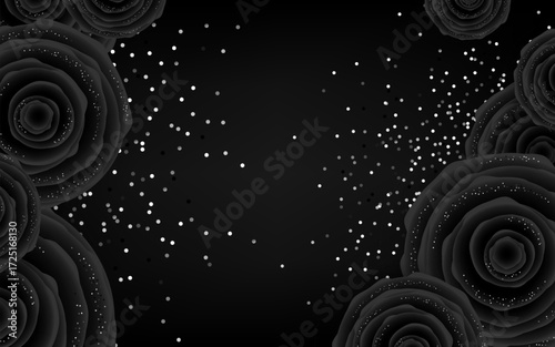 Black background with roses and silver glitter and copy space. Vector horizontal banner with dark decoration elements.