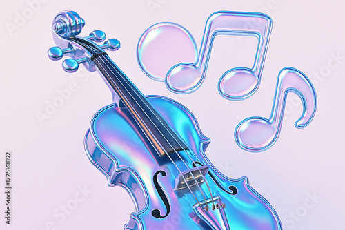 Holographic Chrome Violin with Clear Musical Notes Bubbles in Purple and Blue Lighting, Vaporwave Y2K Style Concept Musical Instrument