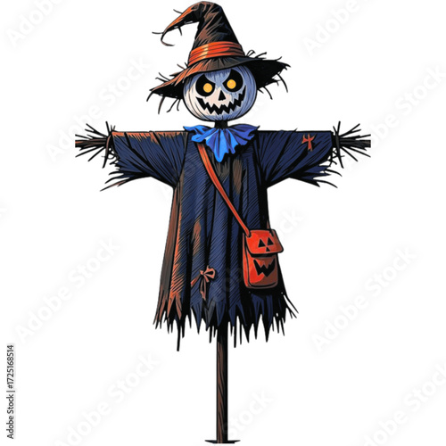 vector illustration of a scarecrow with a scary halloween pumpkin head