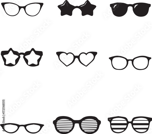 Stylized eyeglass and sunglass silhouette grid in black-and-white line art for fashion and novelty themes