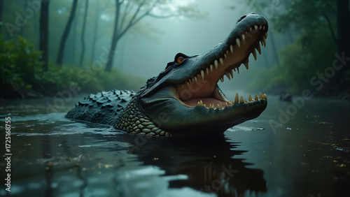 An imposing alligator emerges from the murky water, its jaws agape, as if ready to strike, set against the backdrop of a misty swamp.