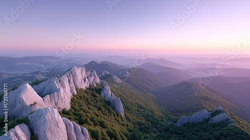 Cinematic Mountain Range at Sunset with Haze and Forested Hills in Panoramic HDR View