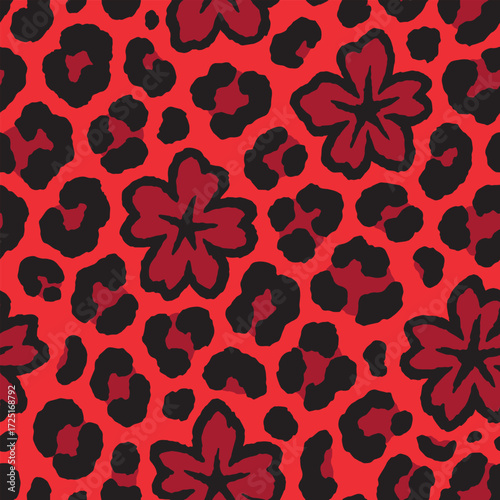 Leopard skin with flowers seamless pattern design. Animal print vector illustration background. Wildlife fur skin design illustration for web, home decor, fashion, surface, graphic design