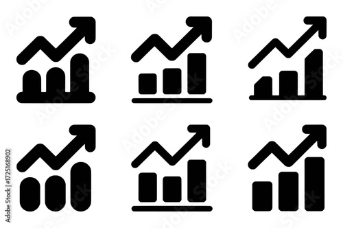 Set of six black and white icons representing upward trending bar charts and graphs