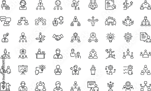 Business people icon set, teamwork, leadership, communication, mentorship, HR management, innovation, employee, collaboration, office, corporate, workplace, outline vector icons on white background.