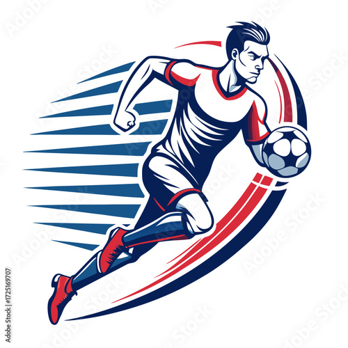 Dynamic soccer player sprinting with ball vector illustration design