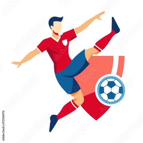 Dynamic soccer player kicking the ball, flat vector illustration