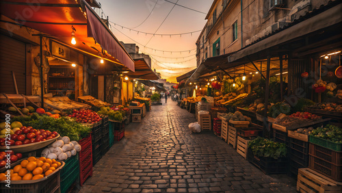 The layout features a narrow cobblestone pathway flanked by numerous stalls on both sides, each overflowing with a colorful array of fresh produce.