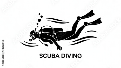 A scuba diver underwater, exploring the depths of the ocean, isolated on white background a silhouette of a person enjoying scuba diving