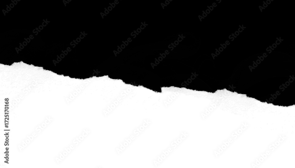 Fotografie Torn piece of white paper with jagged edge contrasts against solid black background, creating striking visual effect