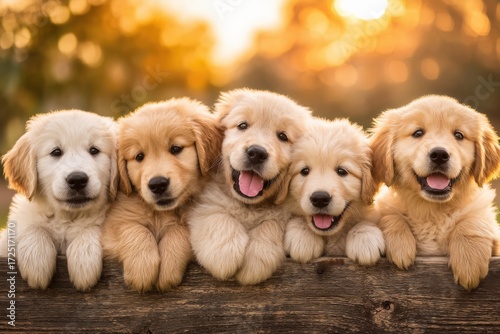 Five adorable golden retriever puppies sit together, leaning on a wooden fence, with a warm, glowing sunset in the background