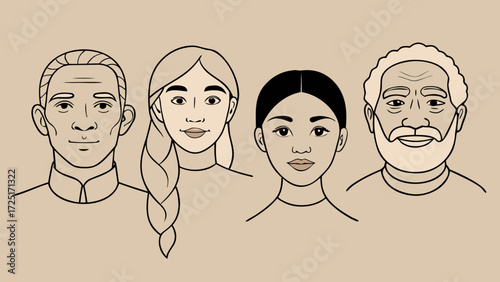 Portraits of diverse people of different ages drawn in minimalist linear style
