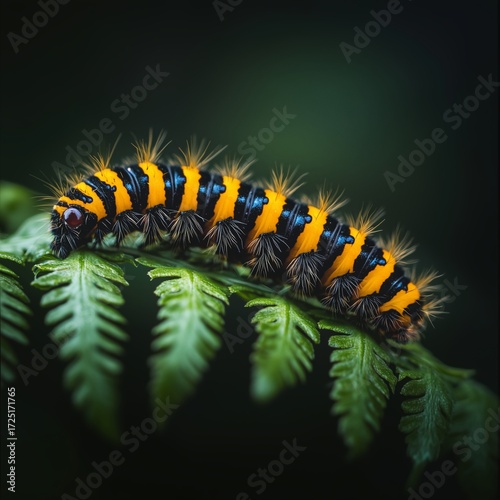 Caterpillar on Fern: A close-up shot of a vibrantly colored caterpillar with yellow and black stripes rests gracefully upon a delicate fern.