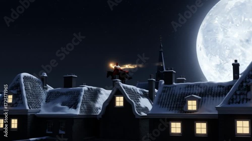 Silhouette of Sinterklaas figure on horseback against large full moon, overlooking dutch rooftops of quaint houses, capturing the enchanting spirit of a traditional december  holiday celebration