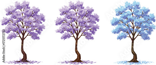 Lavender tree illustration, seasonal foliage, jacaranda blossoms, purple blue leaves, vector artwork, stylized nature, cad drawing flat vector illustration